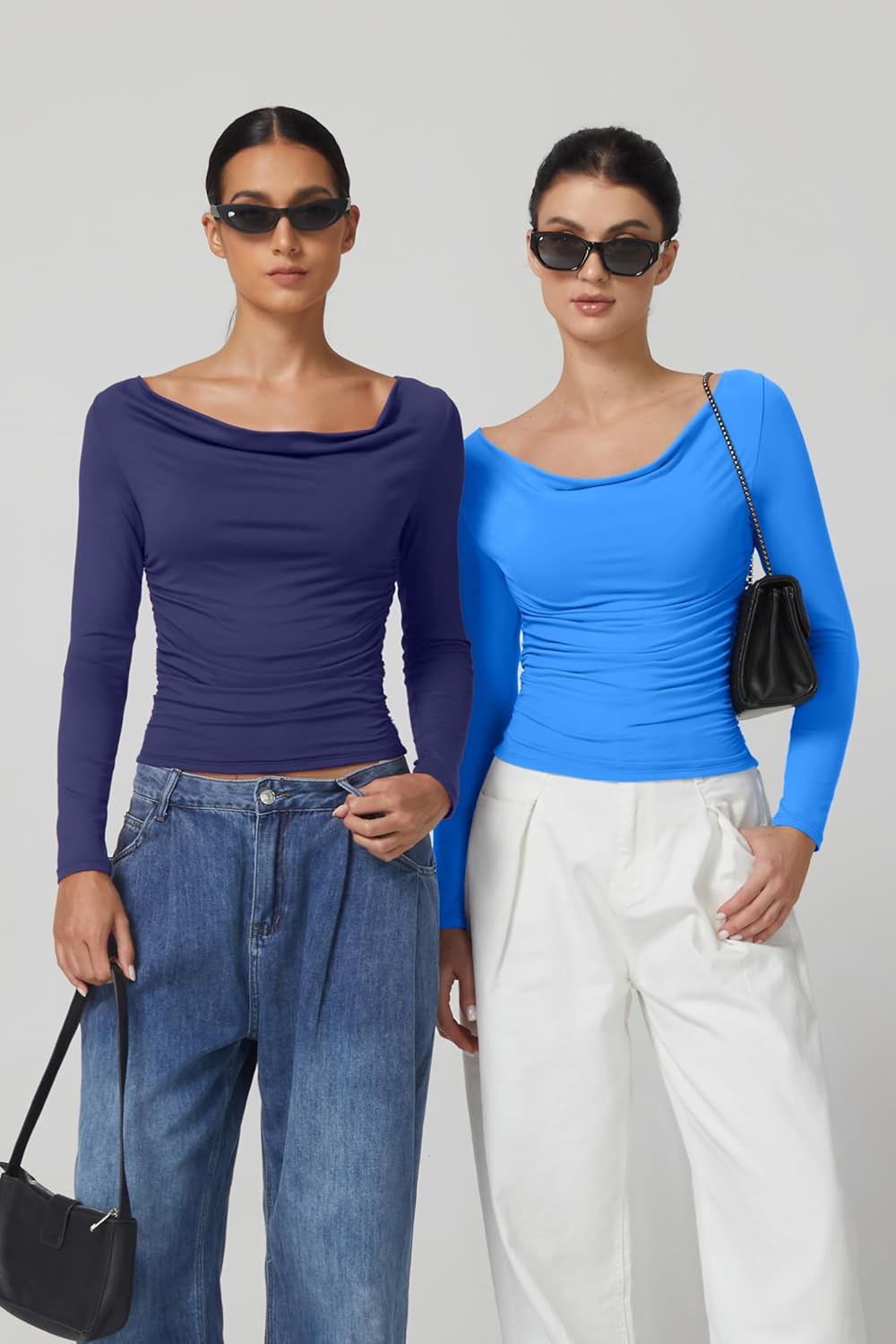 QINSEN Women Cowl Neck Long Sleeve T Shirts Double Lined Tight Fitted Crop Top - Image 3