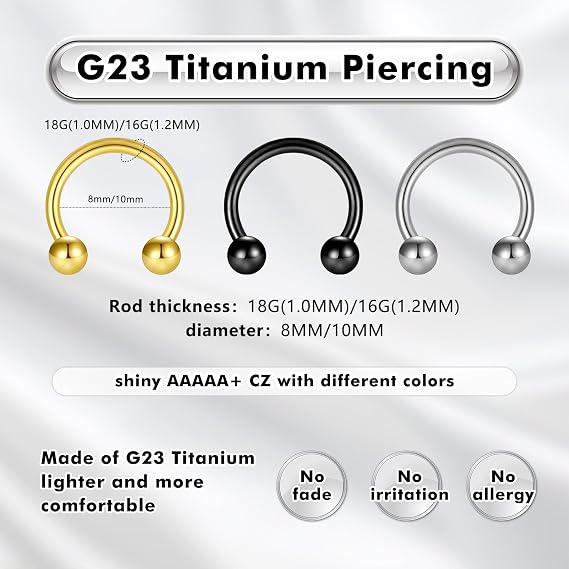 Anneaux Piercing Titane G23 - Lot De 3 - 16G 10mm - Hypoallergénique - Pour Nez, Helix, Tragus - Cadeau