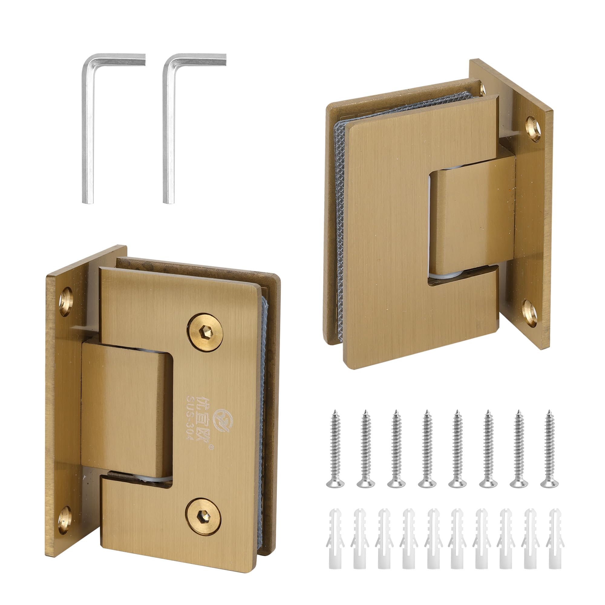 KEJJNYER 2 Pack Gold Glass Shower Door Hinges Frameless, 90 Degree Glass to Wall Shower Door Hinges, 304 Stainless Steel Brushed Nickel Shower Door Clamp for 8mm-12mm