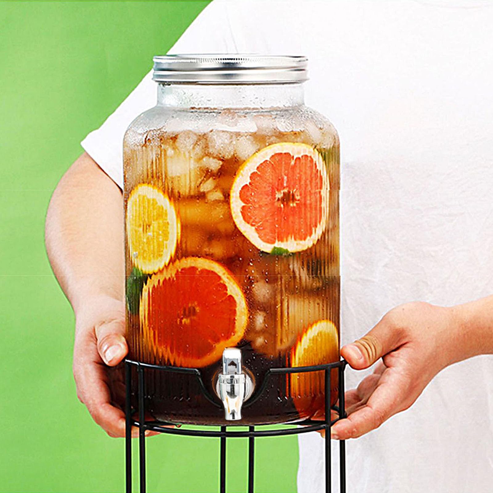 Distributeur De Boissons En Verre 3L Avec Robinet Inox Et Support Bambou - Carafe Pour Froid Et Chaud