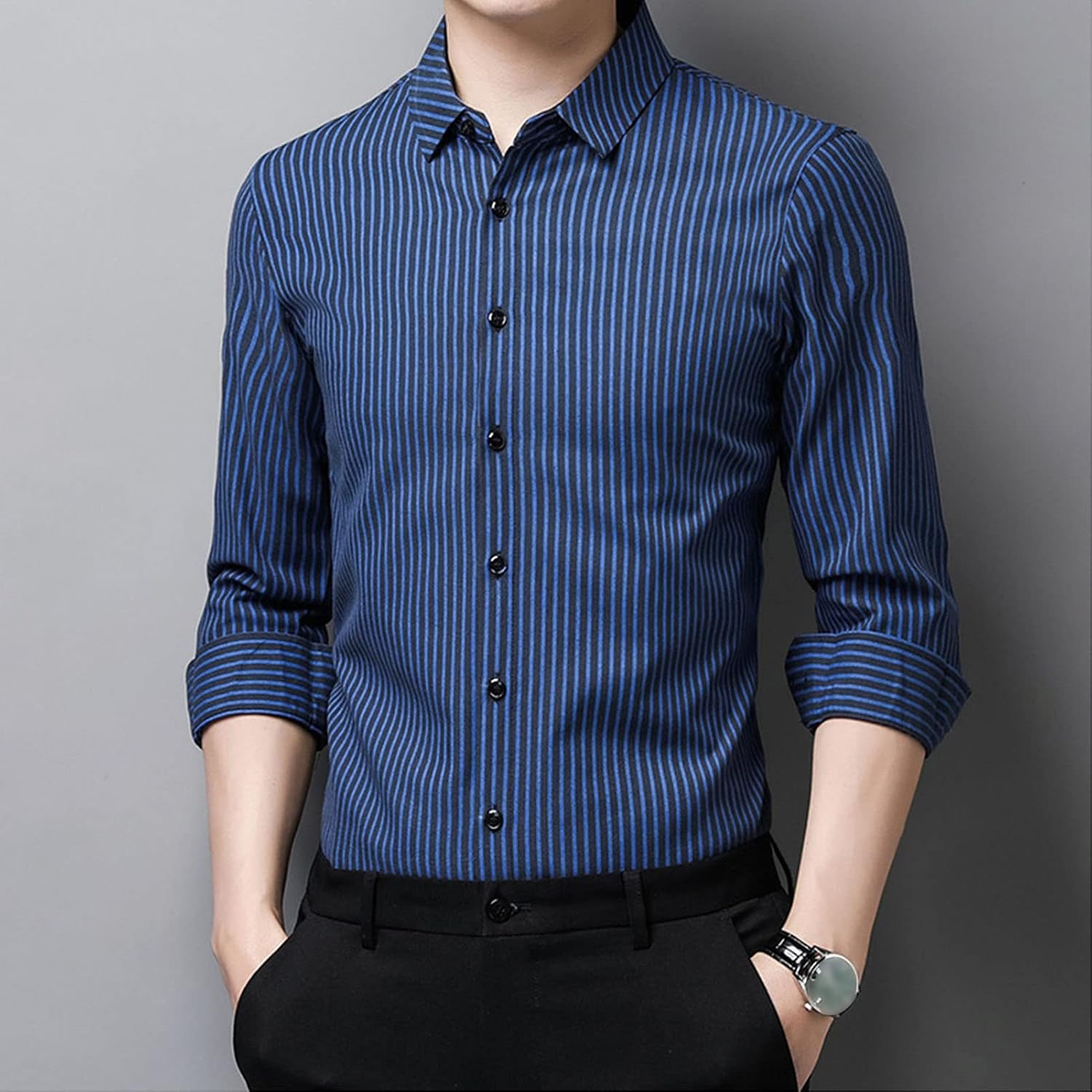 Men Lapel Striped Fashion Shirt Casual Thin Striped Loose Vintage Button Down Top Pinstripe Long Sleeve Shirt