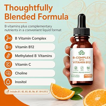 Suiyilary Vitamin B Complex Liquid Drops, B12 Methylcobalamin, B9 Folic, Vitamin C, Immune, Energy Metabolism, Brain & Heart Support, Orange Flavor, 60ml