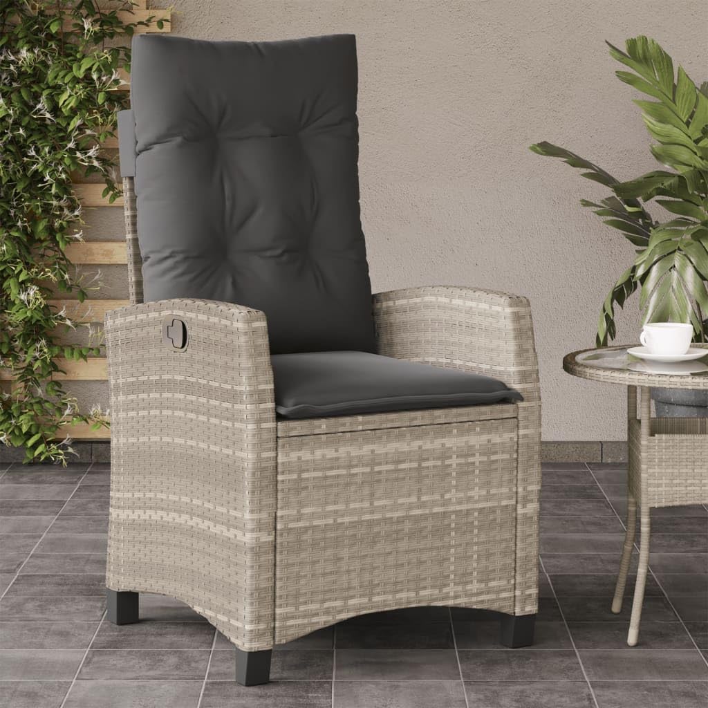 Poltrona da giardino con cuscino, 2 pezzi, regolabile, grigio chiaro, in polyrattan e telaio in acciaio, per esterni, con rivestimenti rimovibili