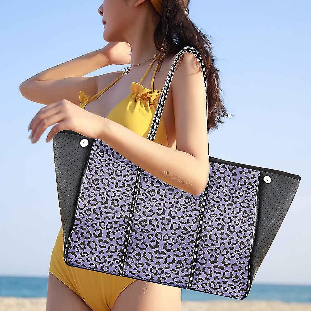 Beach Bag, Multipurpose Neoprene Tote Bag, Waterproof Shoulder Beach Tote, Large Tote Bag with Portable Wallet for Travel, Beach, Gym and Swimming（Purple Leopard）