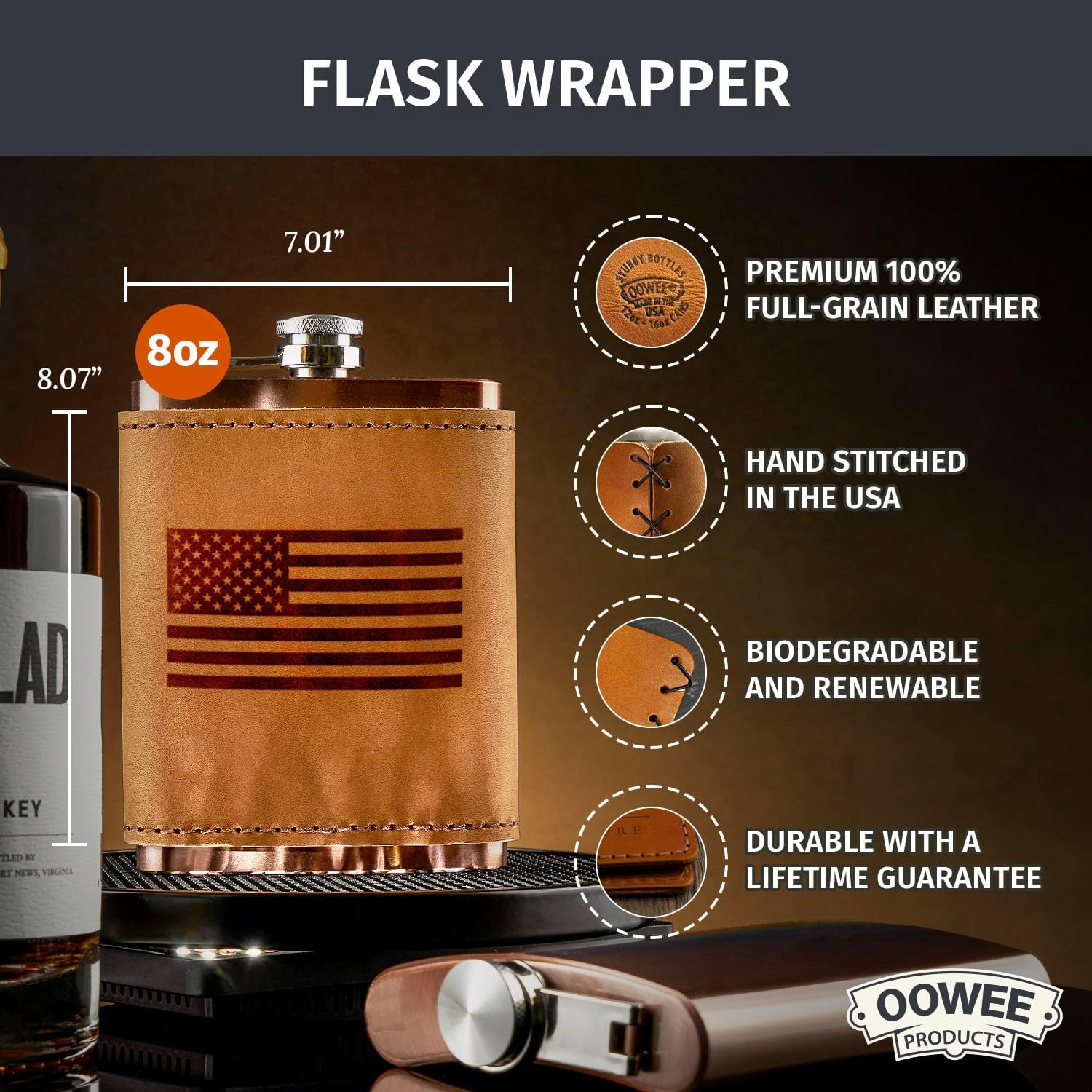 Oowee Genuine Leather Sleeve + Flask | Great Groomsmen Gift & Present for Men | Whiskey Flask for Men and Women | Made in the USA - American Flag