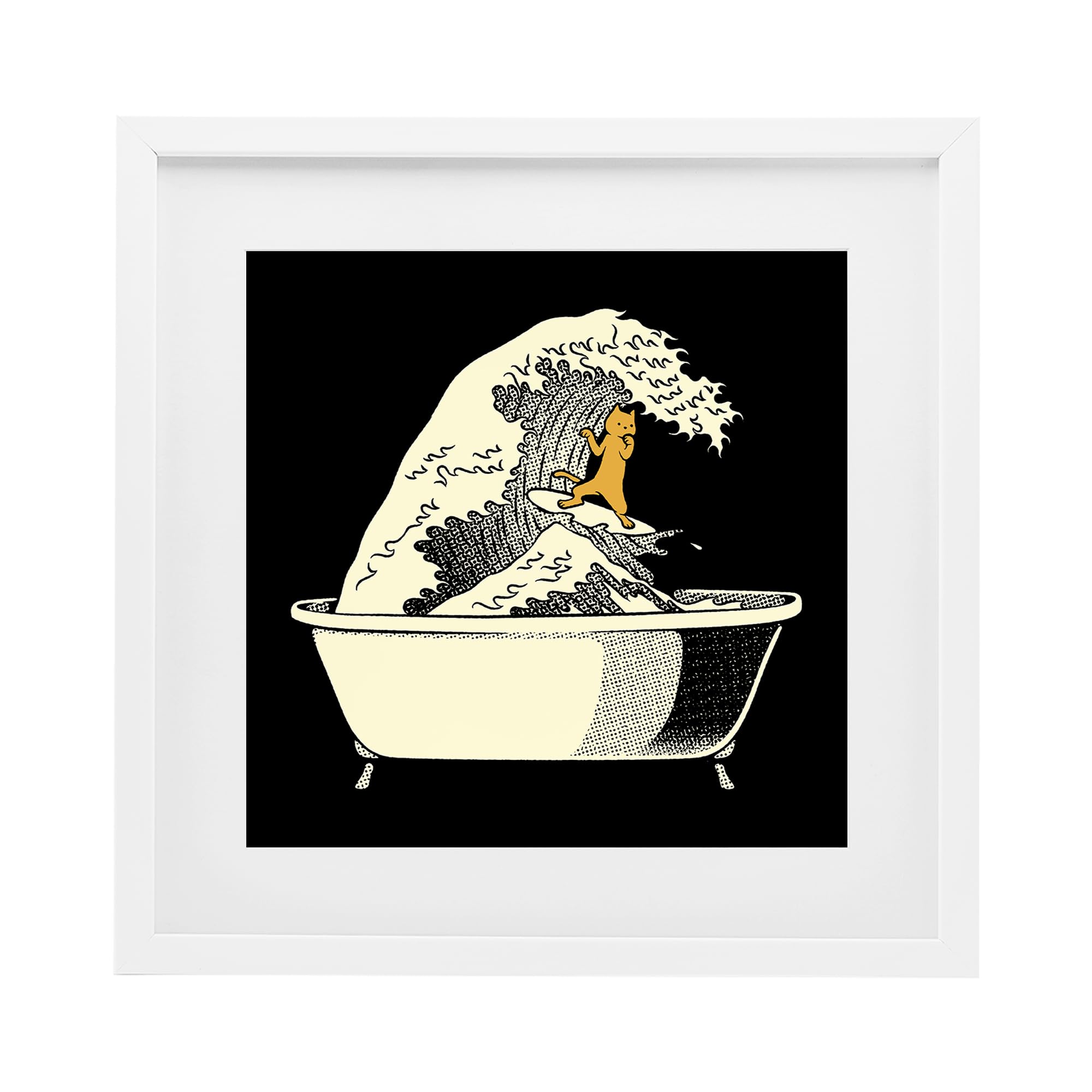 Stupell Industries Coastal White (Textured) Kanagawa Bathtub Cat Whimsical, 16 X 16 Inch Framed Print Under Glass