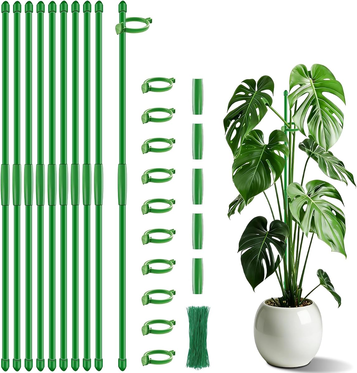 Plant Stakes 17 inch SupKing Support Stick Orchid Stakes with Clips 10Pcs Garden Plant Poles Extended to 3/4/5ft for Indoor Outdoor Potted Tomato Rose Amaryllis Vegetables Monstera -Green