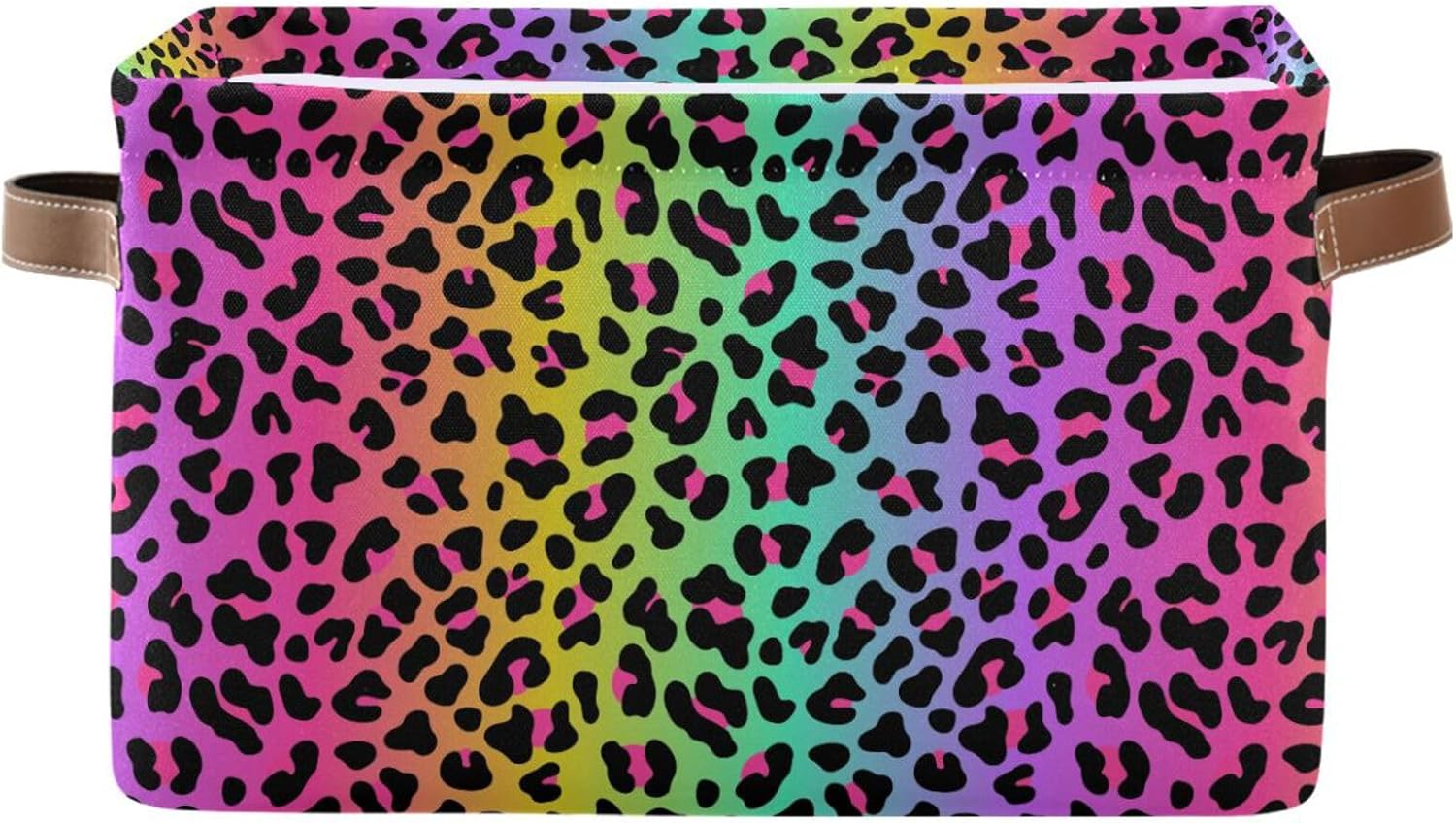 Bolaz Large Storage Basket Rainbow Leopard Foldable Storage Box Organizer Bins with Handles for Bedroom Home Office