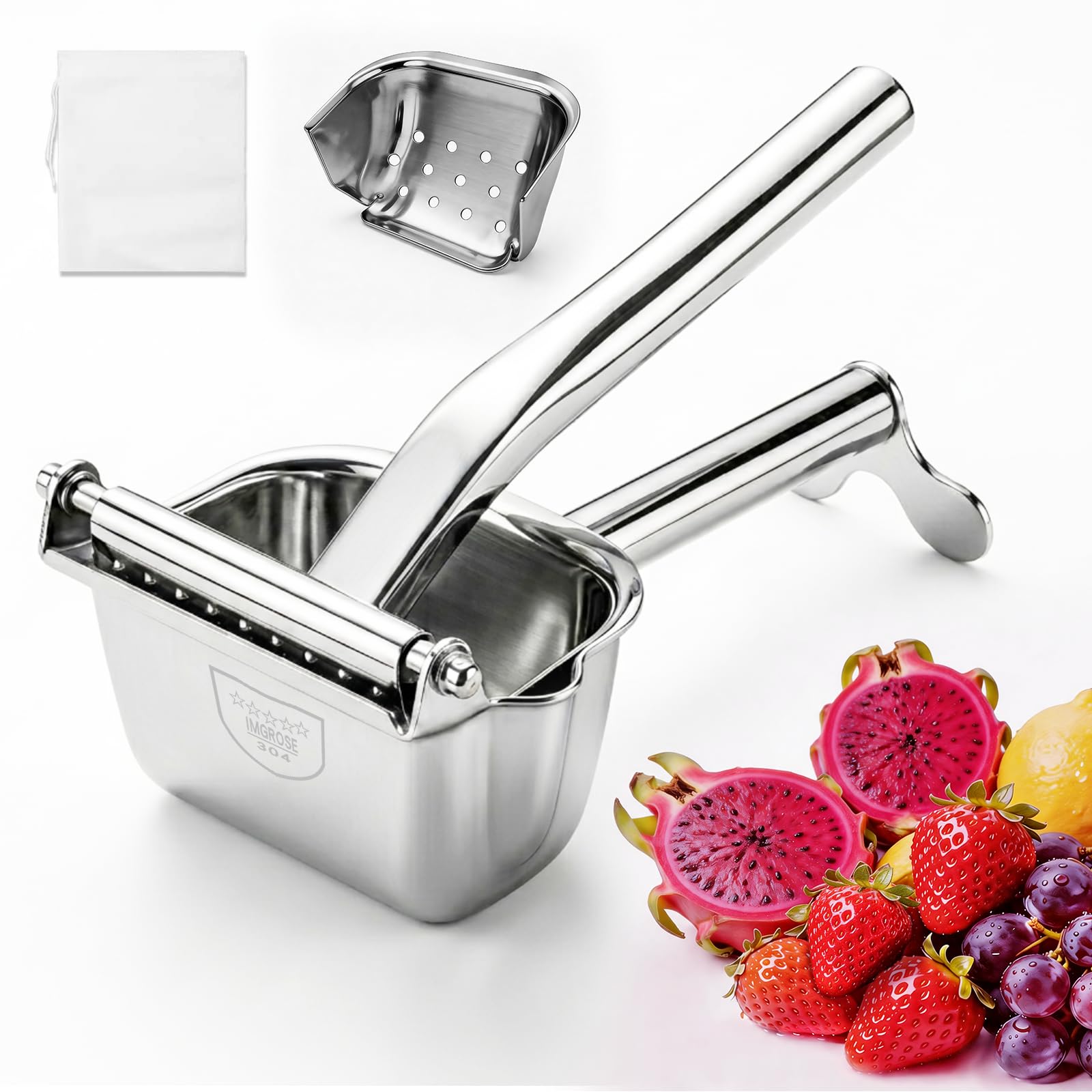 IMGROSE Manual Citrus Juicer – Elite 304 Stainless Steel Lemon Squeezer Heavy Duty Hand Press Juicer with Built-in Filter, Orange Juicer for Lemon, Lime, Orange, Grapefruit