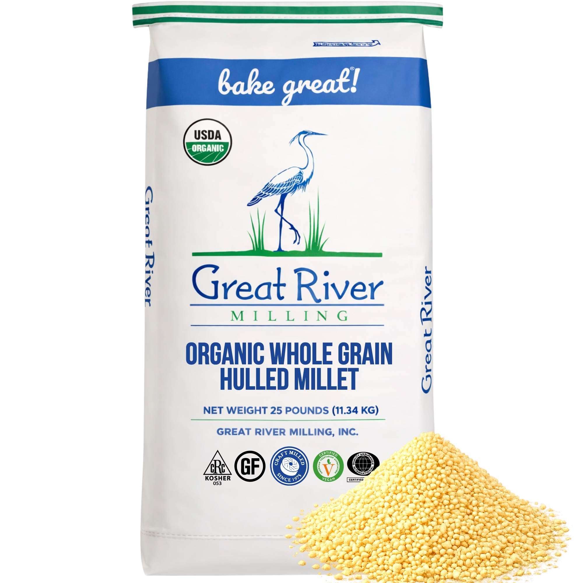Great River Milling Organic Hulled Millet | Whole Grain Ancient Grain | Gluten-Free, High-Fiber Superfood | Non-GMO, Kosher Certified | Ideal for Salads, Porridge & Baking | 25 Lb (Pack of 1)