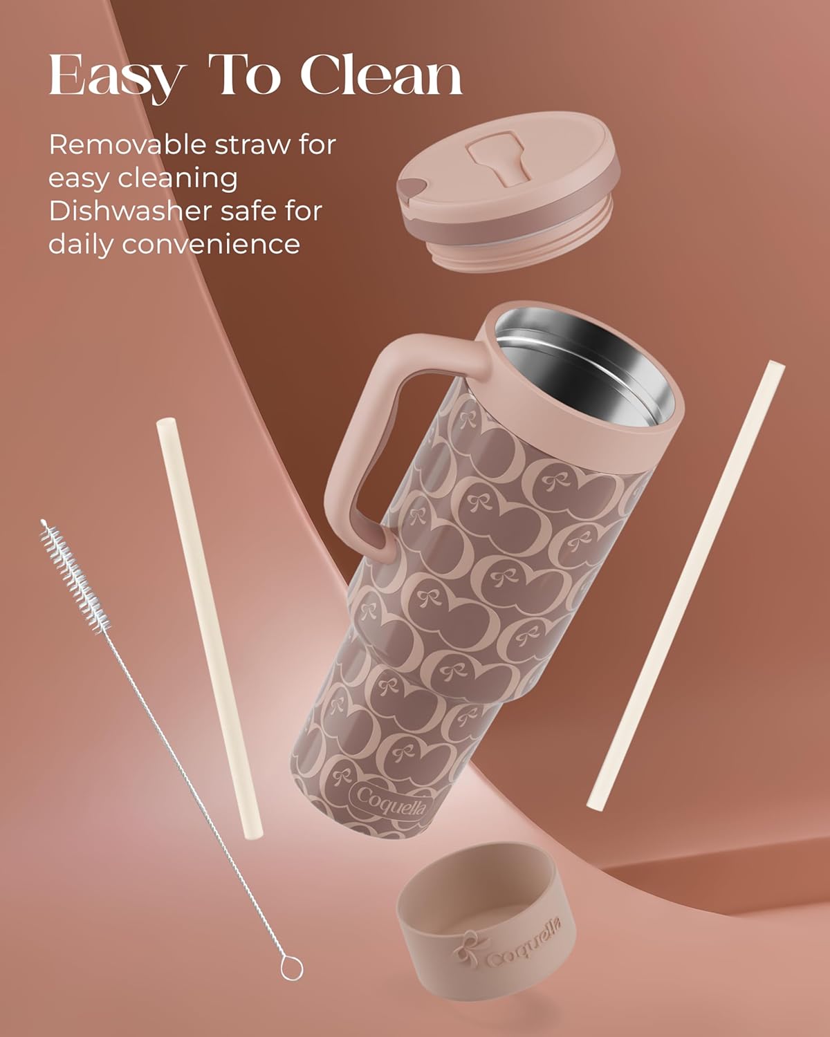 40 oz Insulated Tumbler with Handle and Push-Button Straw Lid, Stainless Steel Travel Cup for Gym Office, Leakproof, BPA-Free, Cup Holder Friendly, Bow Silicone Boot, Brown (C’ Espresso)