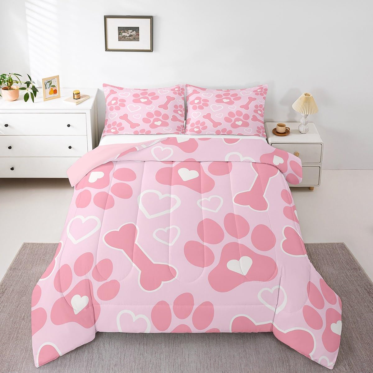 Feelyou Valentines Day Dog Paw Print Bedding Set Twin Size Pink Comforter Set for Girls Lovers Love Heart Bone Adult Duvet Set Cartoon Cute Quilt Set 2Pcs