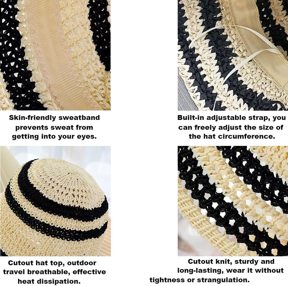Summer Straw Sun Hat for Women Outdoor Striped Sun Protection Beach Bucket Hat