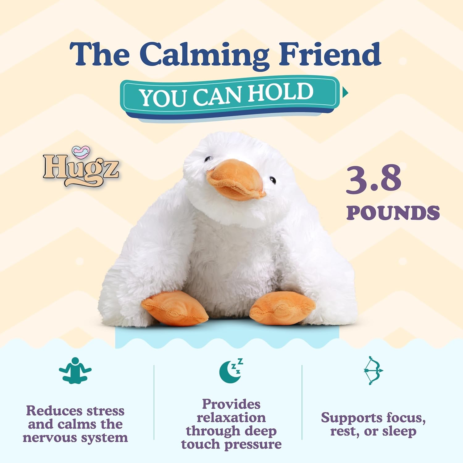 Hugz Official Quackers The Duck - Premium Weighted Stuffed Animal Plushie 3.8 lb for Adults & Kids - Microwavable – Heatable & Coolable – Super Soft Fur – Gift Ready Tube Packaging