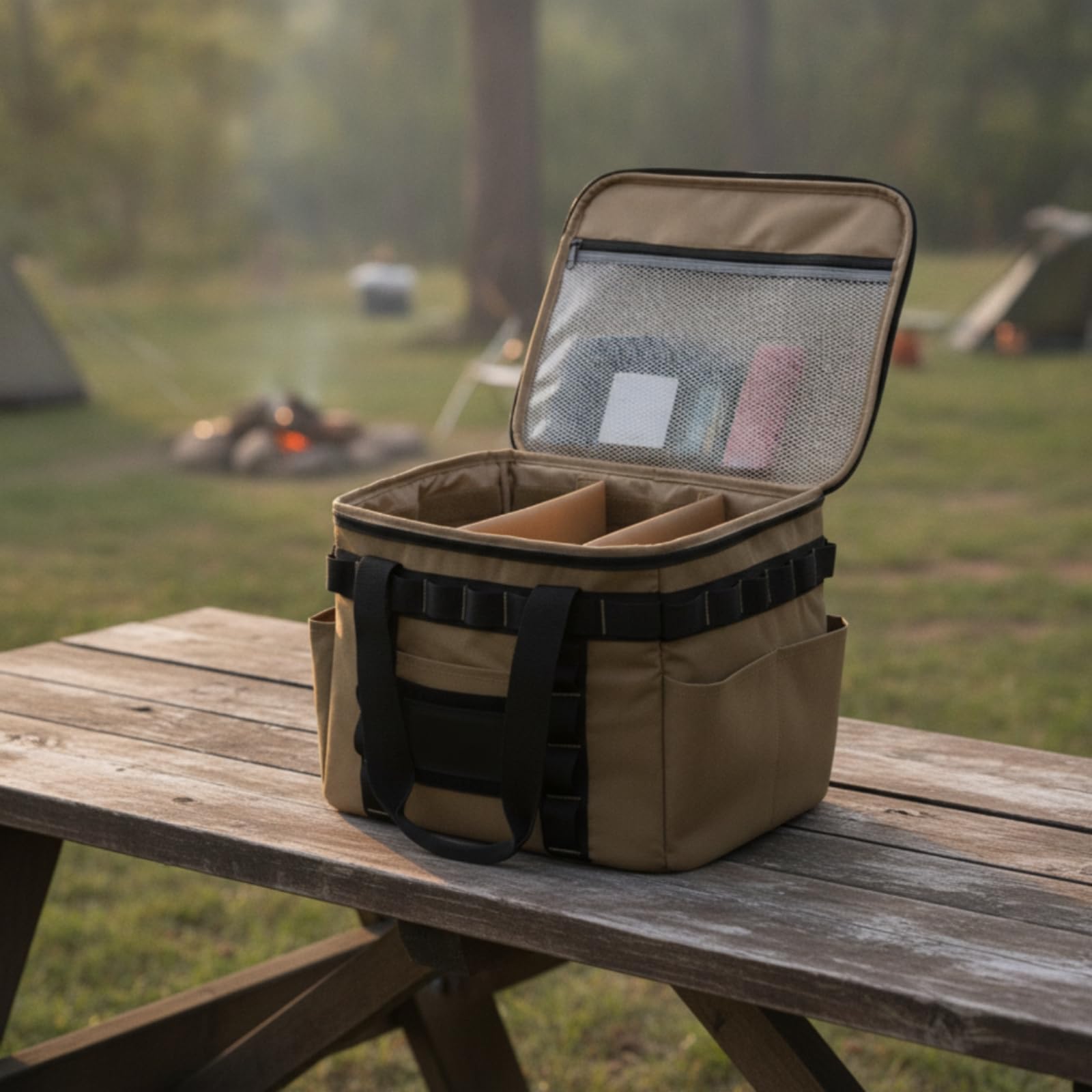 Outdoor Folding Light Borsa da Campeggio Organizer Contenitore Custodia con Scomparti in Poliestere Imbottito Portatile con Manici Adatto a Campeggio Viaggio Auto Picnic, Nero