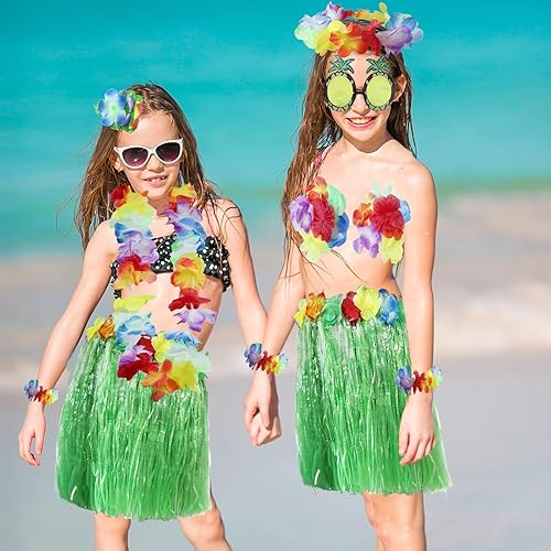 Miniatura 6 de Paquete de 8 faldas de hierba de bailarina hawaiana, falda de baile de hula con accesorio de disfraz de flores, disfraz hawaiano de fiesta de hula,