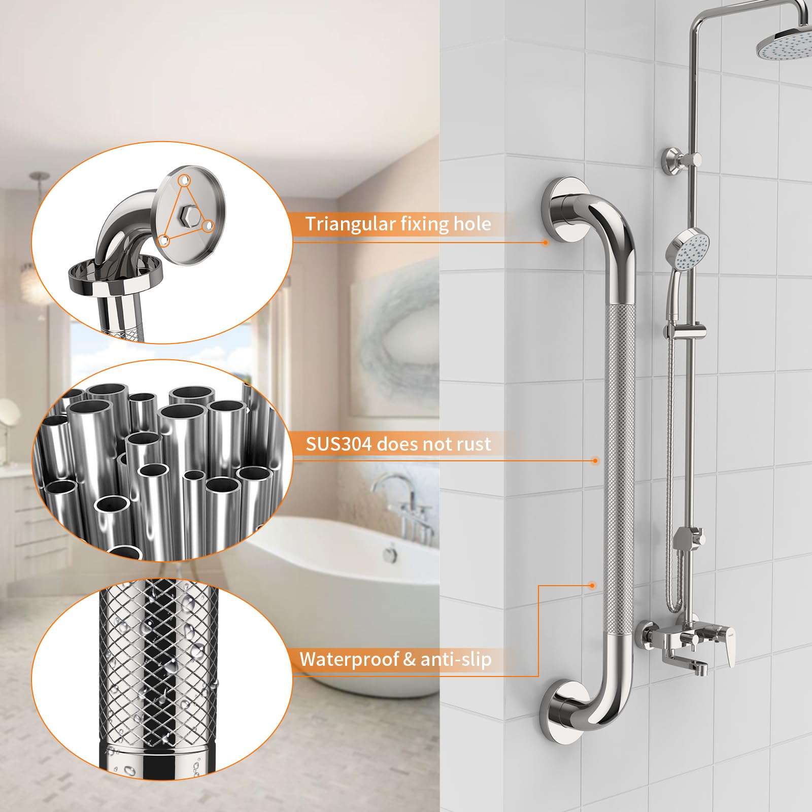 Barras de agarre de cromo pulido de 32 pulgadas para ducha con agarre moleteado antideslizante, barras de agarre de baño de acero inoxidable, soporte de pasamanos de ducha, asas de ayuda de