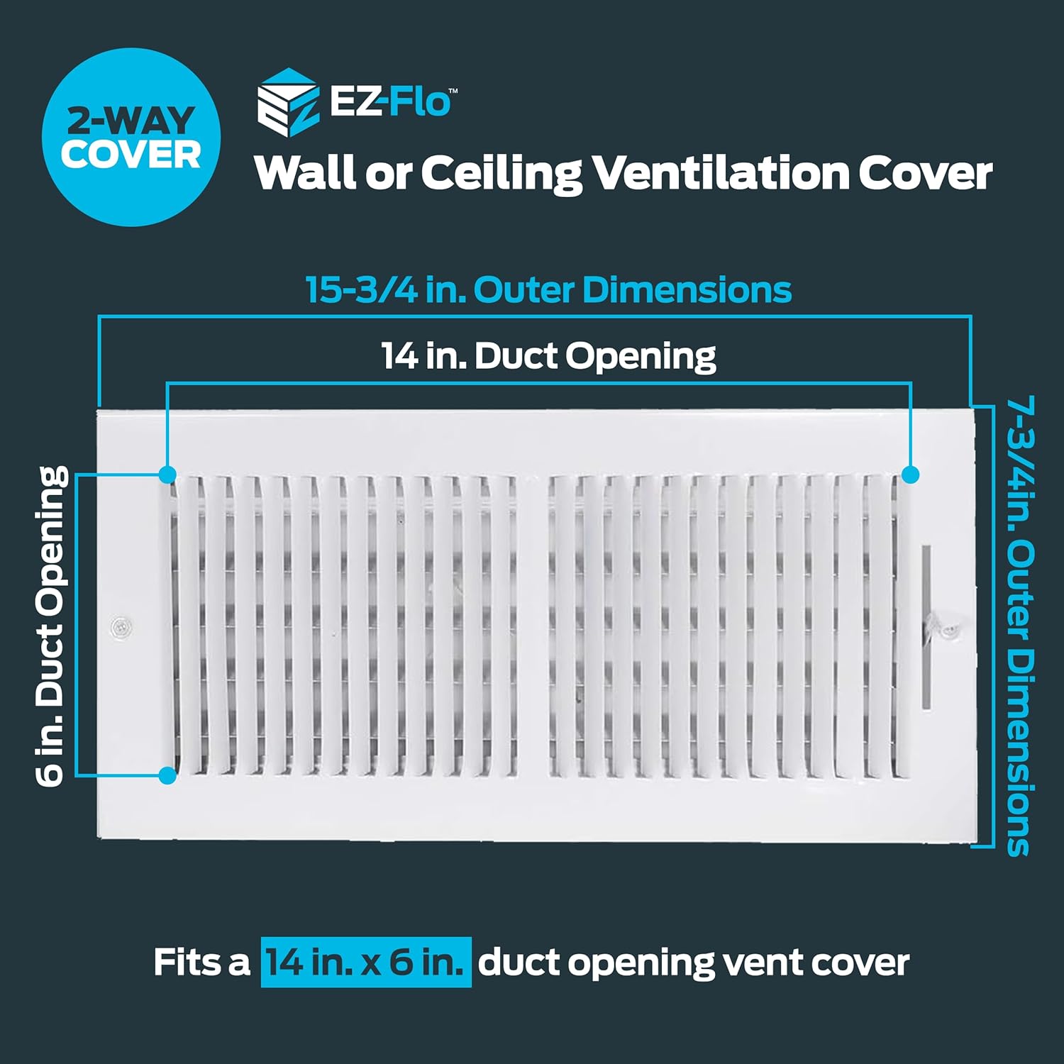 EZ-FLO 14 x 6 Inch (Duct Opening) Air Vent Cover for Wall or Ceiling, Two-Way Ventilation Register, Solid Steel HVAC Register Cover, White, 61613 14 in. x 6 in.