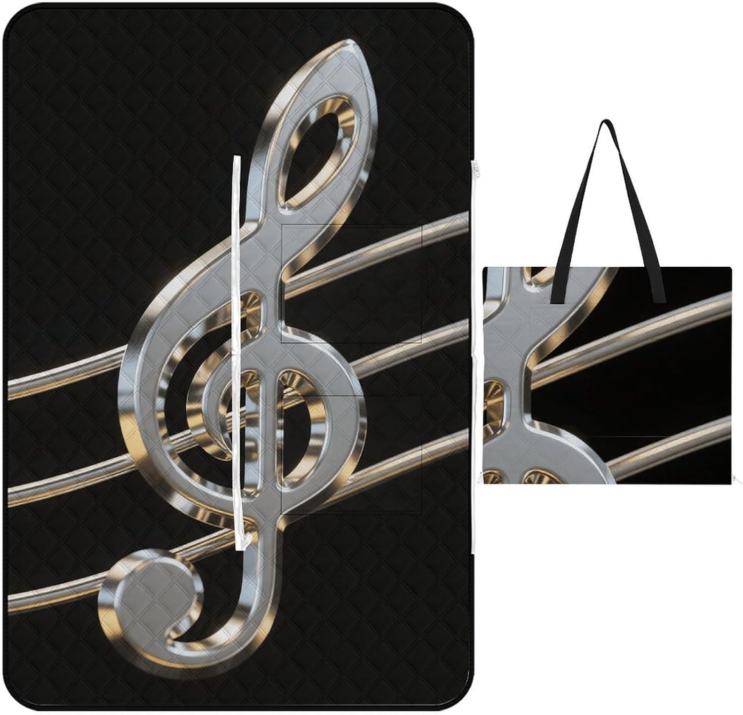 Black and White Musical Notes Picnic Blanket 150x100cm, Foldable 2-in-1 Picnic Mat and Tote Bag Portable Waterproof Beach Mat Sandproof Outdoor Blanket for Park, Hiking, Beach, Camping, Travel