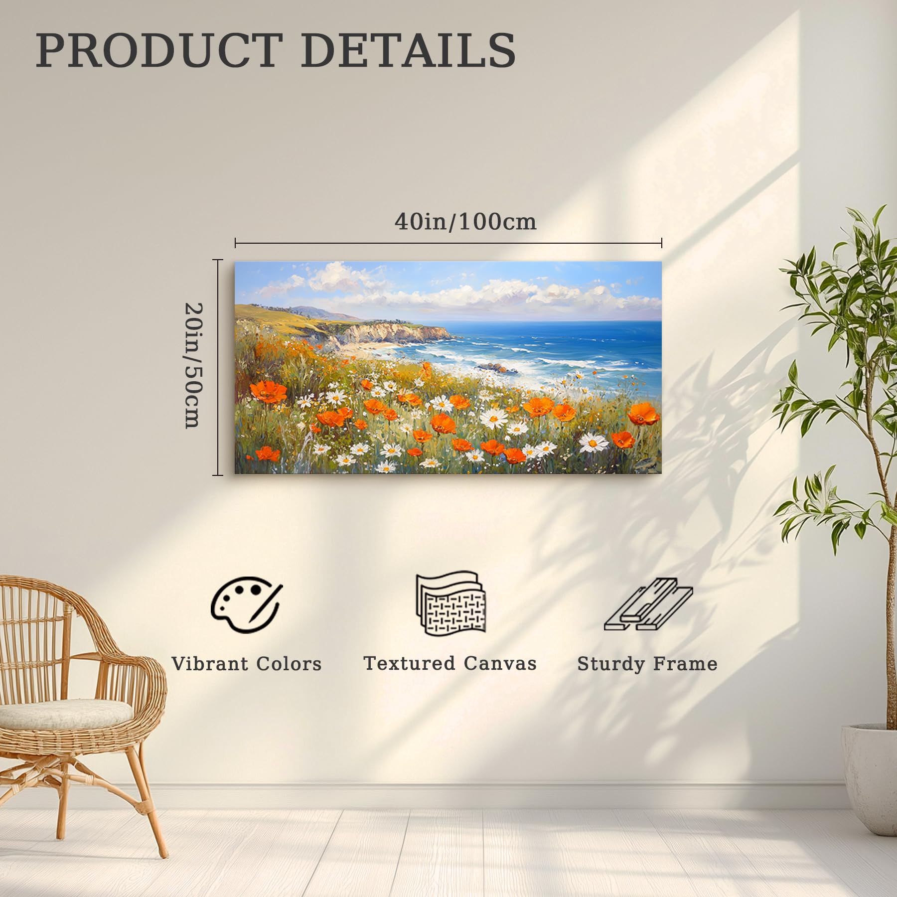MHARTK66 Tableau Decoration Murale Salon, 50x100 cm Grand Impression sur Toile, Cadre Decoration Murale Mer Bleue et Fleurs, Moderne Décoration de Chambre Salle De Bain Maison Décorations