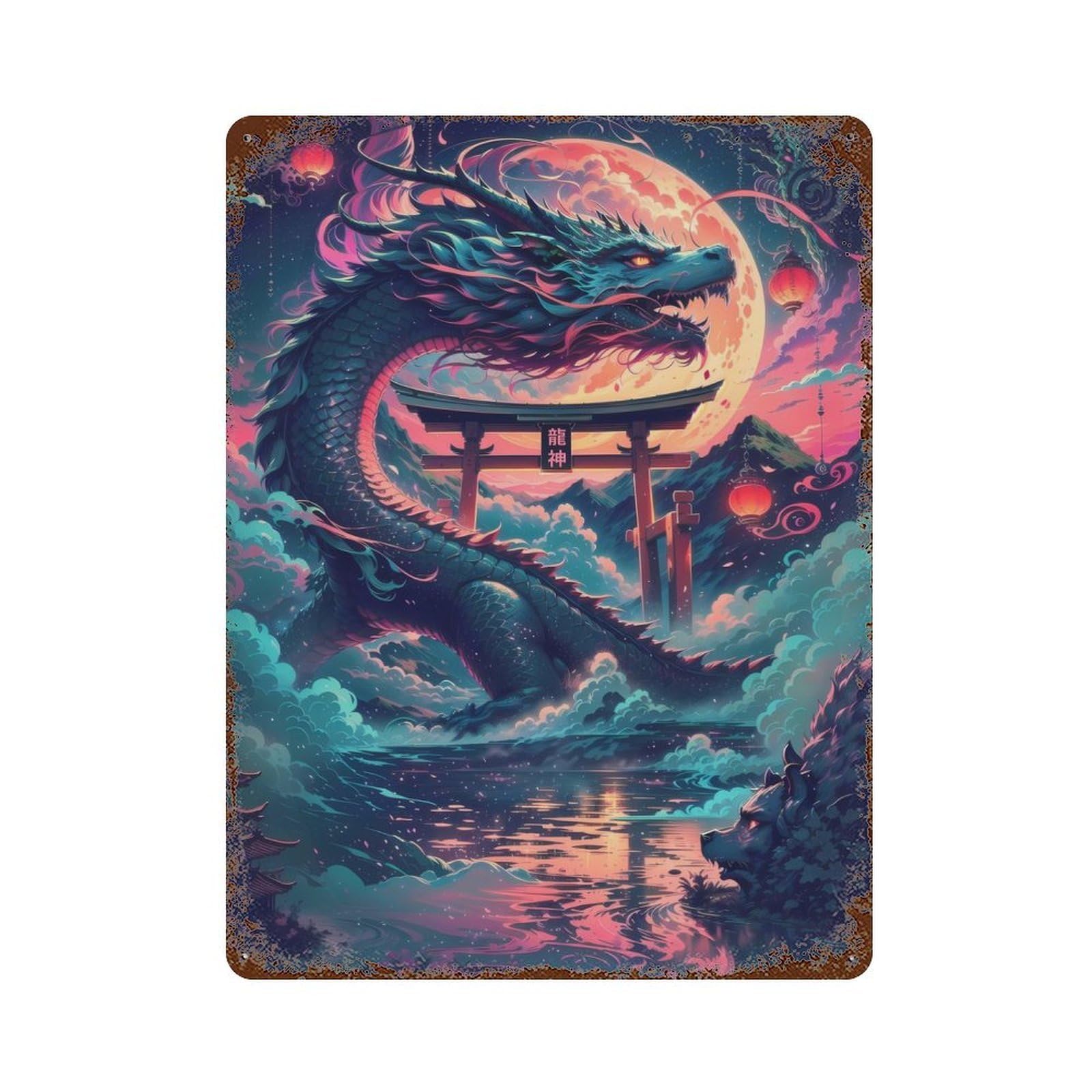 Garage Style Mid Autumn Lunar Dragon Decorative Tin Sign 15.7"x11.8", Farmhouse Wall Decor for Bar And Workshop