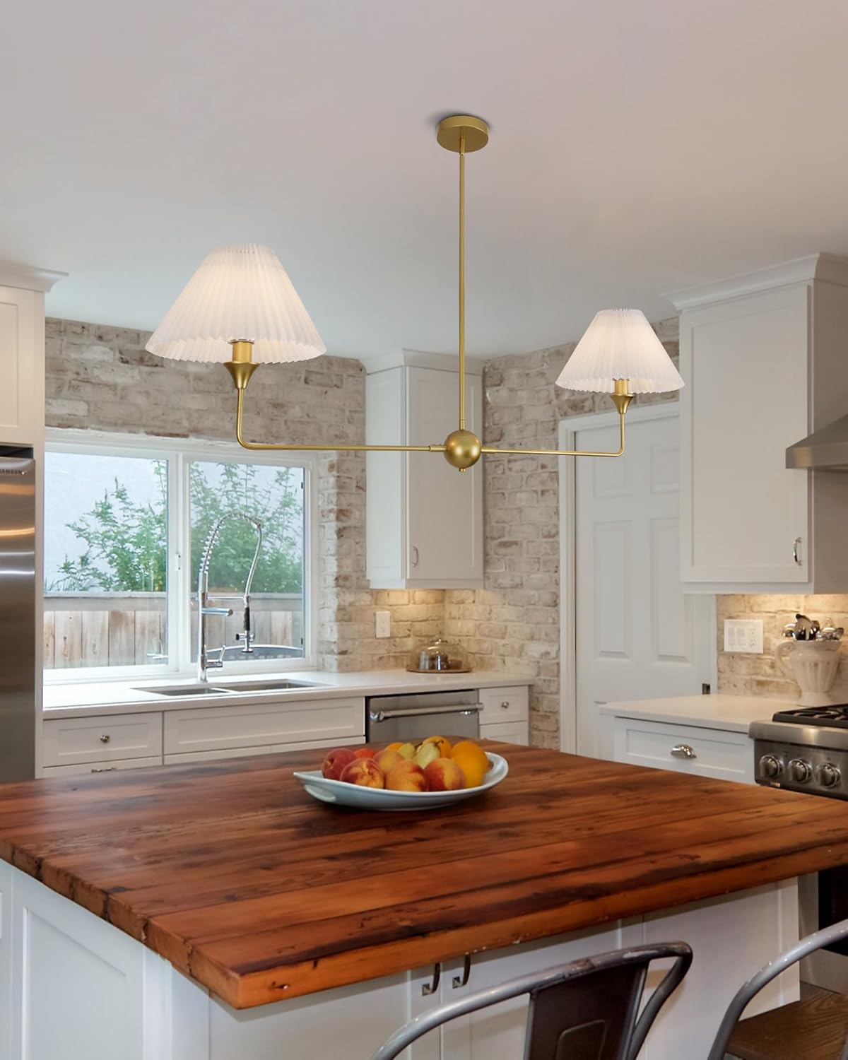 Modern Linear Chandelier for Dining Room 48” Farmhouse Linear Pendant Light Fixture with White Fabric Shade for Kitchen Island Living Room Gold