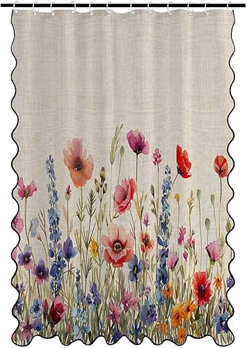 Cortina de ducha festoneada para baño, 36 x 72 pulgadas, colorido estampado de amapola floral, retro, lino, impermeable, ondulado, juego de cortina