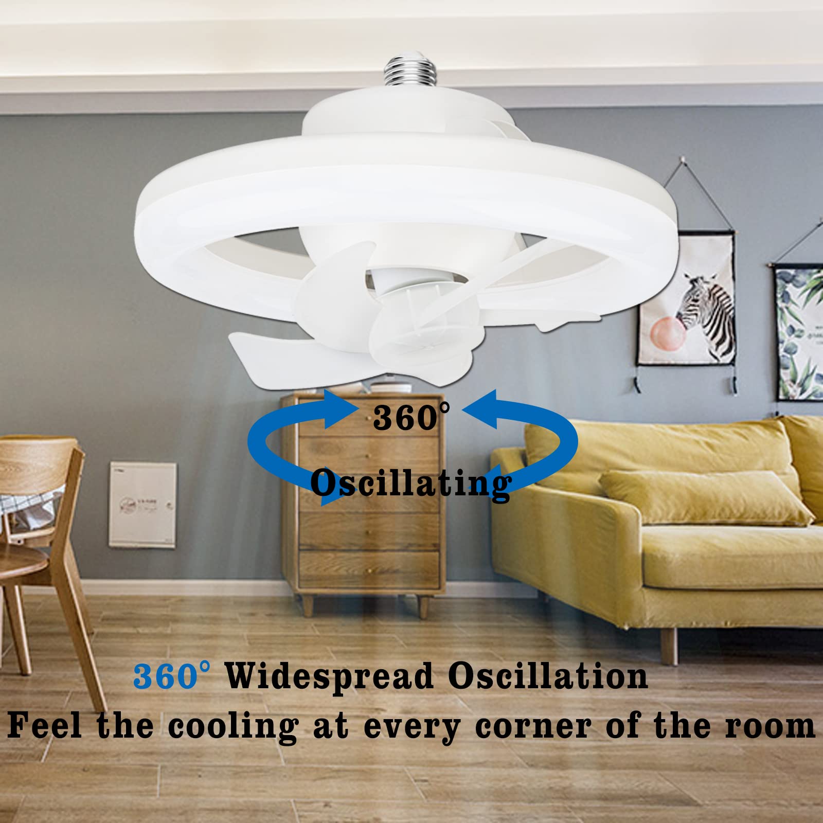 Yaoten Mini Circulator Ceiling Fan Bulb, 10 in Oscillating Fan with 3 Speeds, E26 Base Personal Small Fan for Basement, Garage, Remote Control