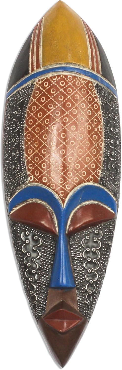NOVICA Artisan Handmade African Wood Mask Accented with Embossed Aluminum Multicolor Ghana Masks Ghanaian [16.25in H x 5.25in W x 2.8in D] ' Feminine Patterns'