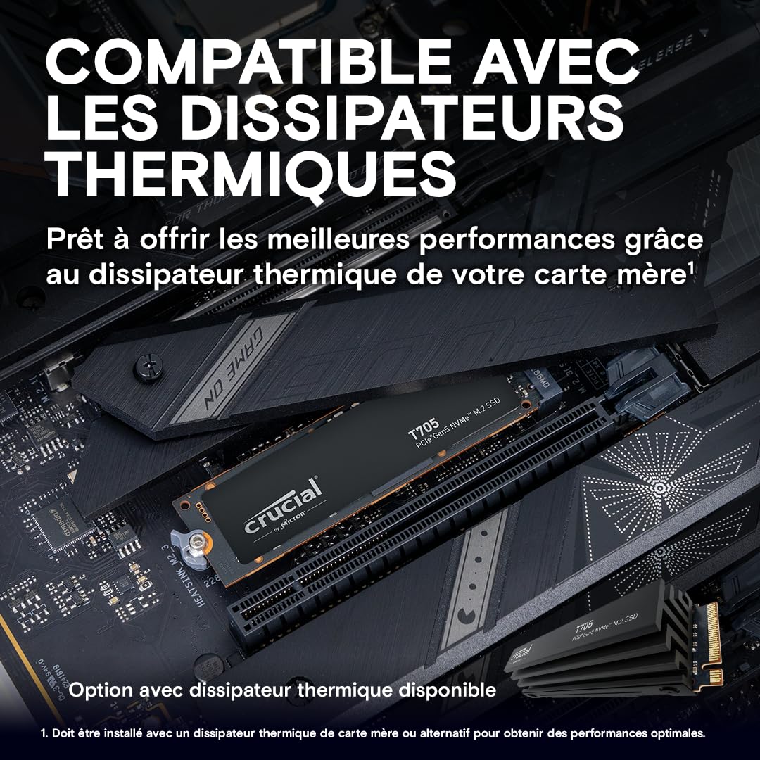Crucial T705 SSD 1To PCIe Gen5 NVMe M.2 SSD Interne Gaming (Nouveau 2024), Jusqu’à 13.600Mo/s, Microsoft DirectStorage, Rétrocompatibilité PCIe 3.0 et 4.0, Disque Dur SSD - CT1000T705SSD3