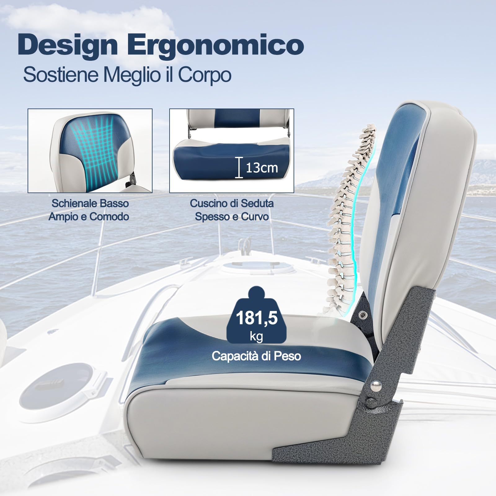 GYMAX Set di 2 Sedili da Barca Pieghevoli, Sedie da Barca Imbottite con Schienale Ergonomico Bassa, Resistenti alle Intemperie, Adatte per Yacht, Barca da Pesca (Blu)