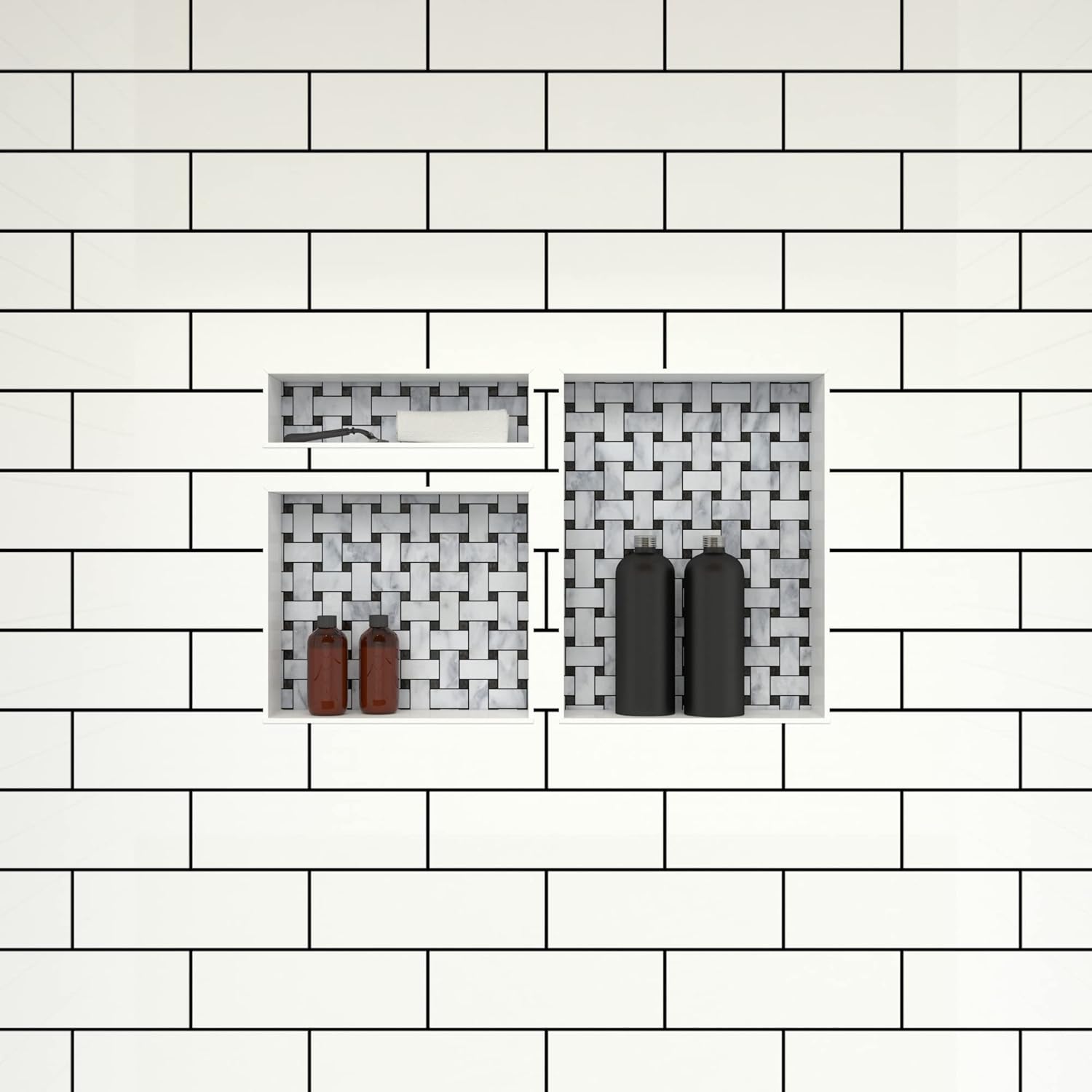 Redi Niche Triple Niche Recessed Shower Shelf- Black, Three Inner Shelves, 32-Inch Width x 20-Inch Height x 4-Inch Depth