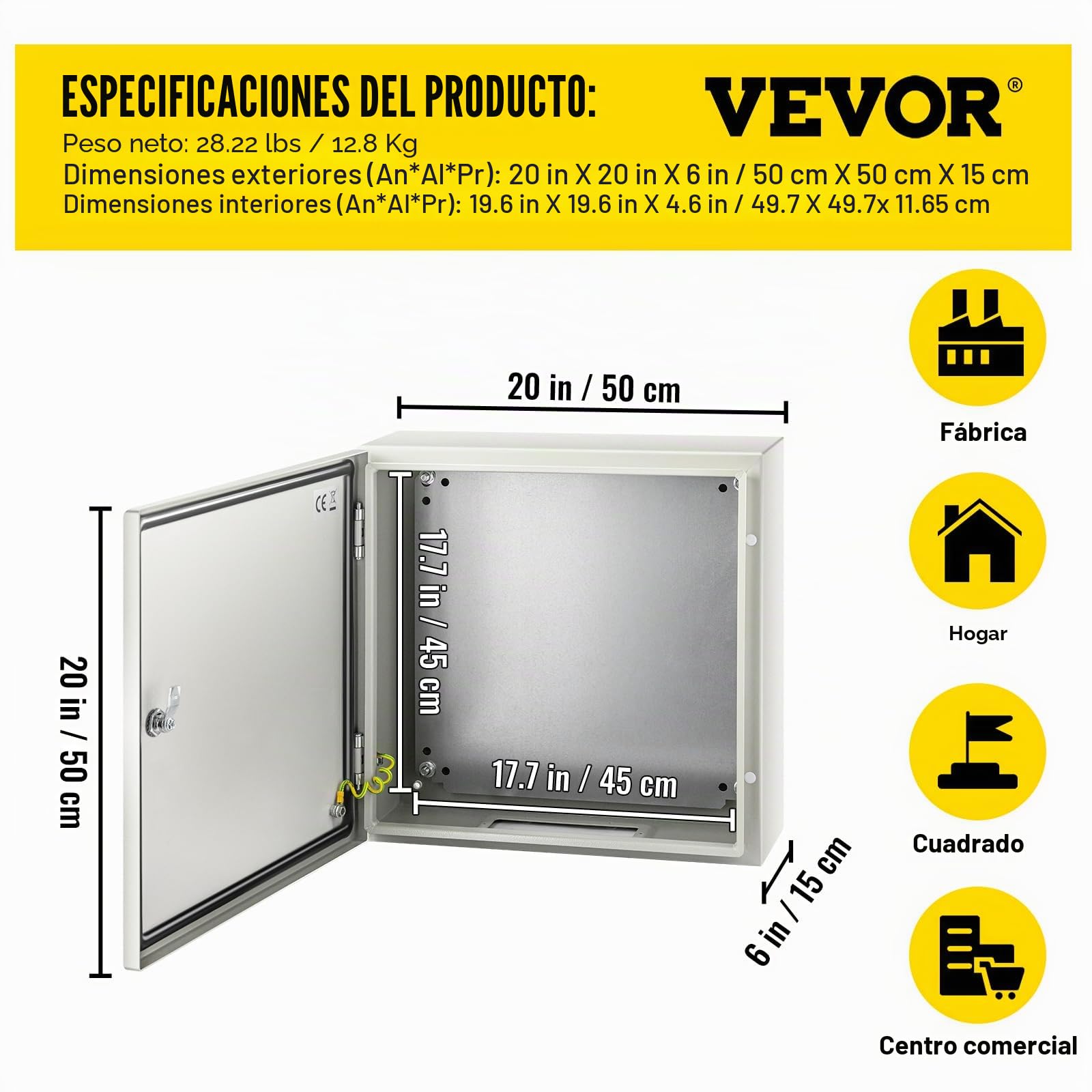 VEVOR Caja NEMA de Acero al Carbono 50 x 50 x 15 cm Caja de Gabinete Eléctrico NEMA 4X IP66 a Prueba de Agua y Polvo Caja de Conexiones Eléctricas para Exteriores e Interiores con Placa de Montaje