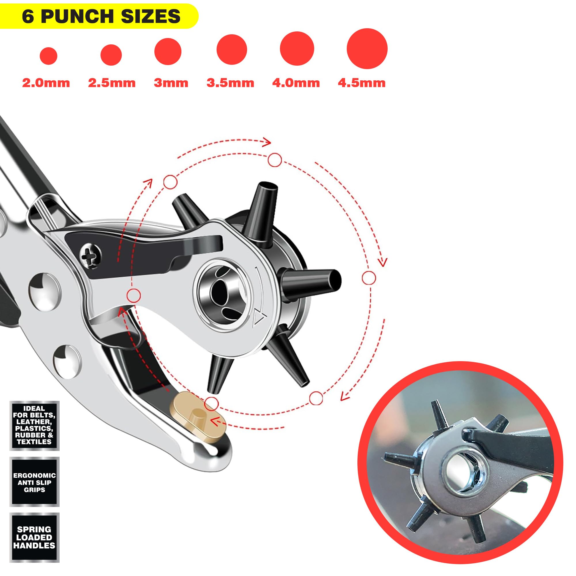 Dekton Heavy Duty Leather Punch Plier Pro-Premium Metal Construction With Multiple Hole Sizes - Image 4