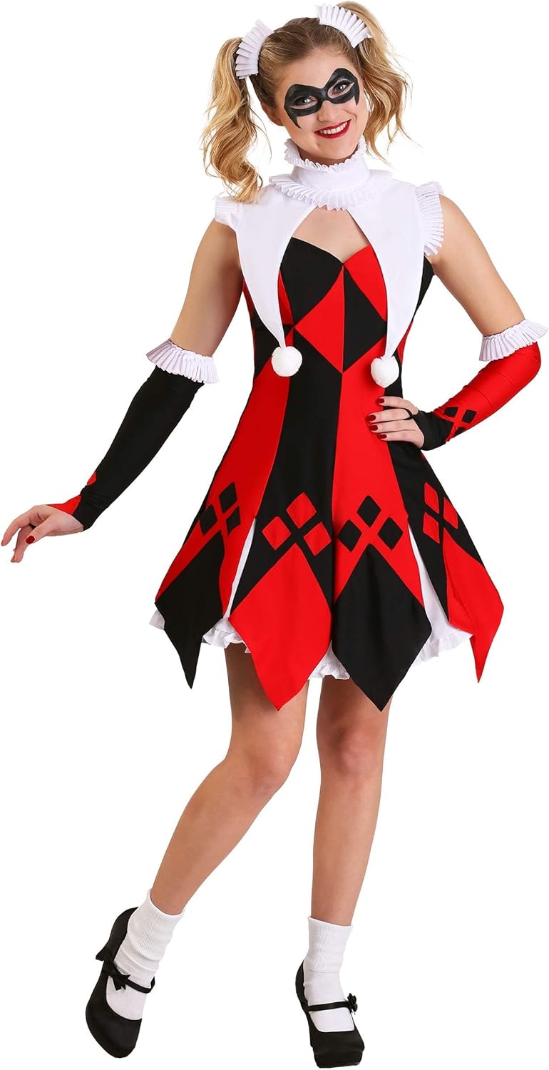 Fun Costumes Womens Plus Size Cute Court Jester Costume, Harley Quinn Jester Dress With Petticoat, Collar, Arm Warmers, And Hair Ornaments