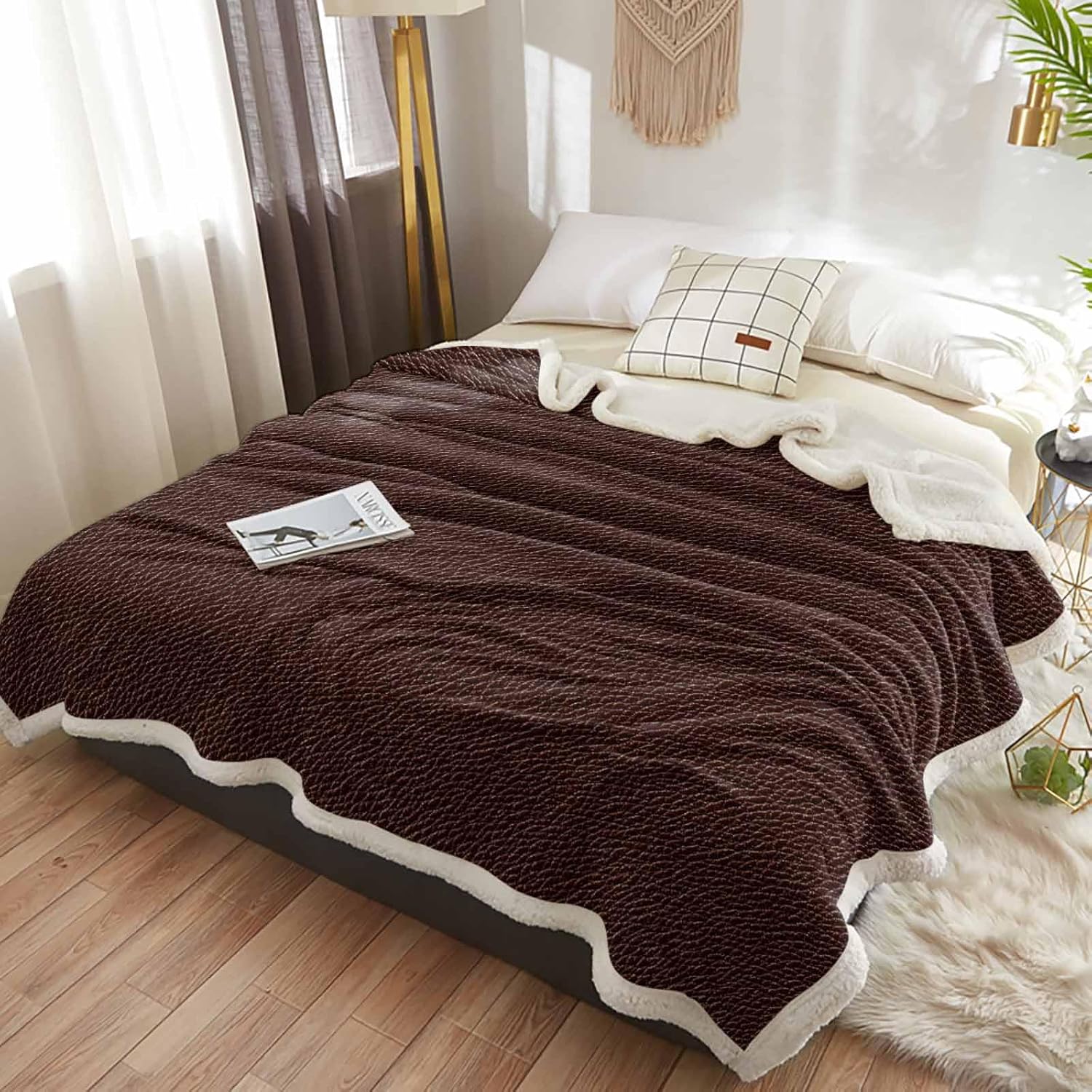 Throw Blanket for Couch Brown Leather Sherpa Fleece Throw Blanket Solid Color Blankets Queen Size, Thick Warm Winter Blanket for Couch Sofa Bed Lightweight Plush Blankets and Throws, 60 x 80 Inches