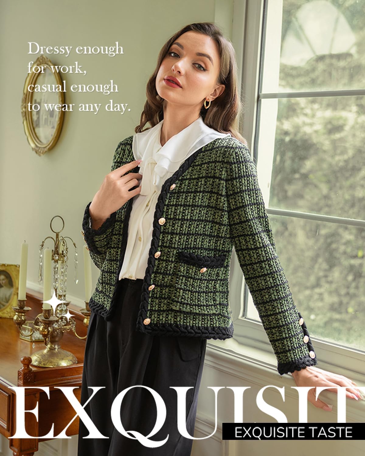 Belle Poque Women Cardigan Sweaters Tweed Pattern Jacket V Neck Sweater Blazer with Button for Fall Winter Spring - Image 3