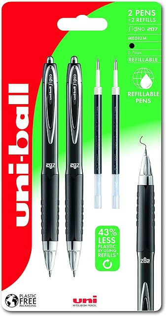 uni-ball UMN-207 Rollerball Gel Pens. Premium Retractable Medium 0.7mm Ballpoint Tip for Super Smooth Writing, Art, and Colouring. Fade & Water Resistant Uni Super Ink. Pack of 2 + 2 Refills,Black