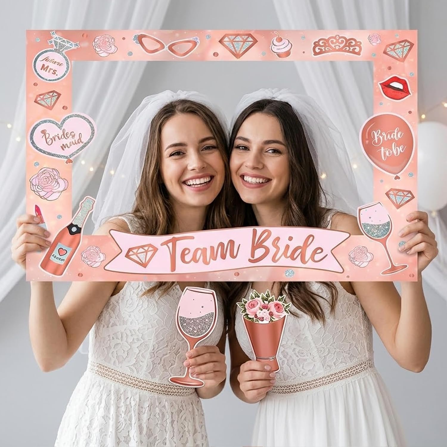 25 Pcs Rose Gold Wedding Photo Booth Props with Large Selfie Frame,Bridal Shower Decorations Kit,Bachelorette Party Decorations,Engagement Photo Props for Team Bride,Girl‘s Outdoor Supplies