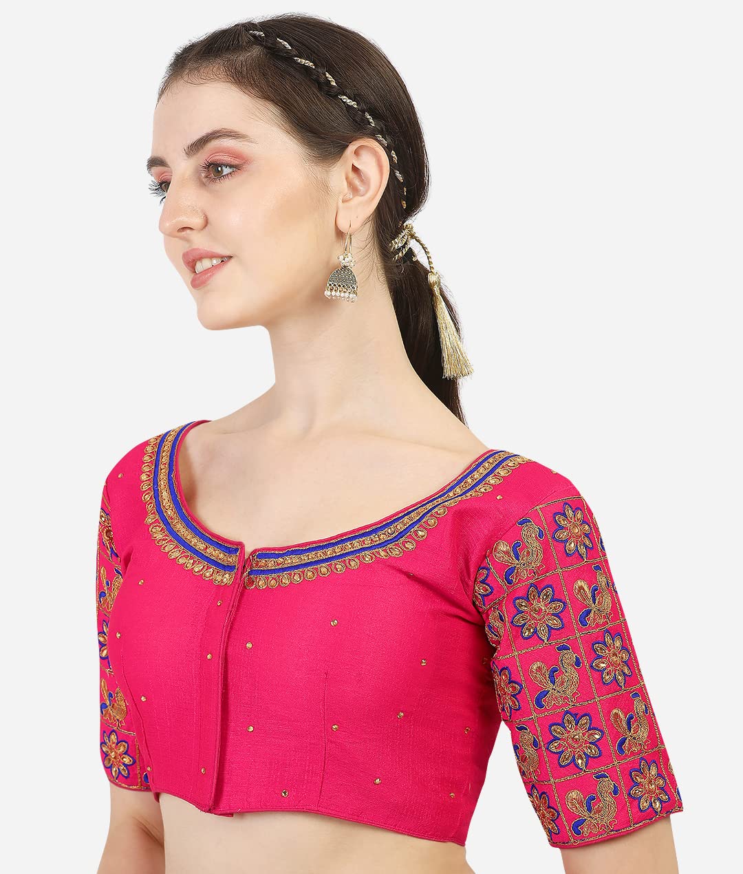 Pujia Mils Women's Silk Embroidery Half Sleeve Blouse (Mayura - Blouse_Pink_38)
