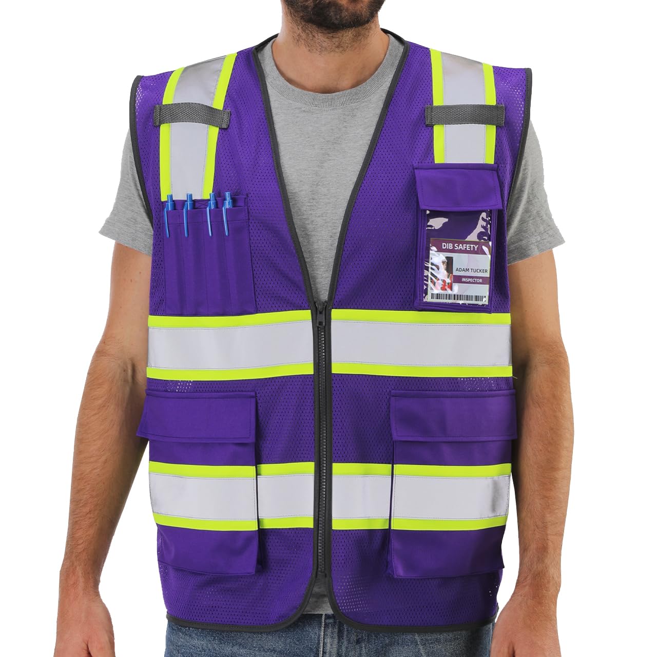 Dib Safety Reflective Mesh Vest High Visibility Two Tone with Pockets and Zipper, Purple Mesh with Yellow Trim L