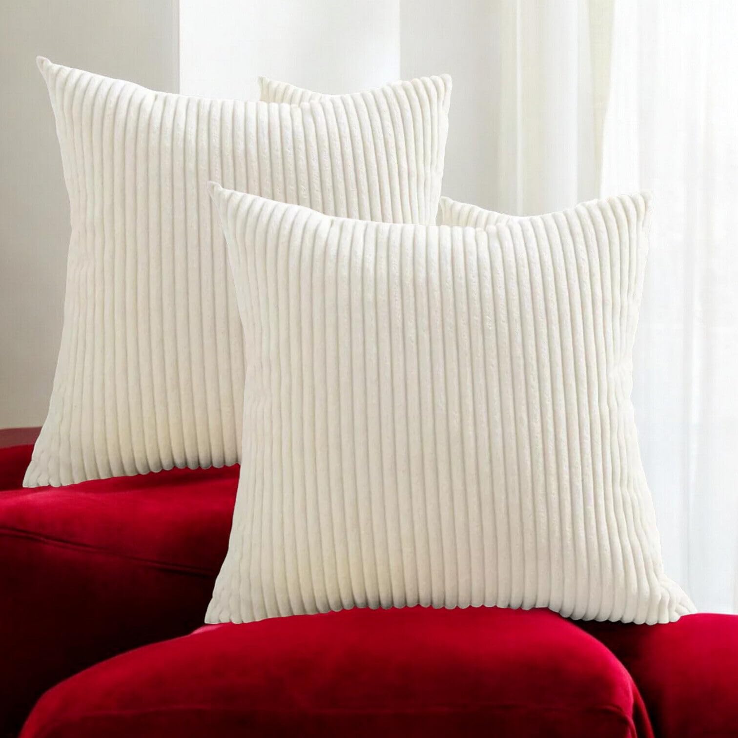 Seechoo Corduroy Cushion Covers, Set of 4, 40 x 40 cm, Plain Soft Striped, Assorted Colours (Cream), 40 x 40 cm (Pack of 4) - Image 3
