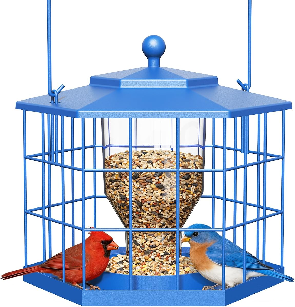 Squirrel Proof Bird Feeders for Outdoor Hanging, Metal Cage Bird Feeder with Rain Proof Covered for Wildbirds Bluebird Finches, Blue