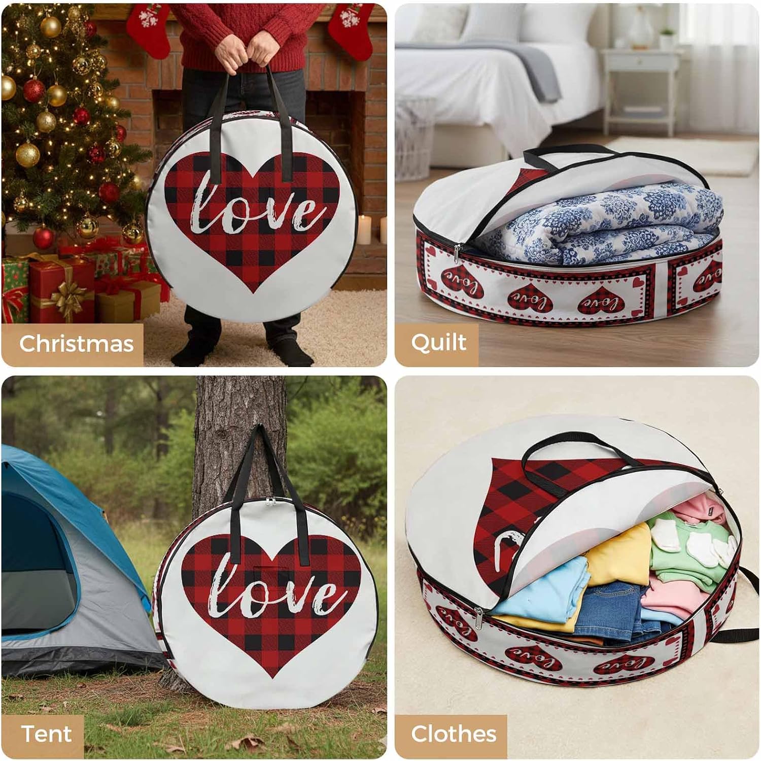 Valentine's Day Round Storage Bag 24 Inch, Love Heart Clothes Storage Container with Handles Heavy Duty Organizer for Comforter, Bedding & Holiday Wreaths