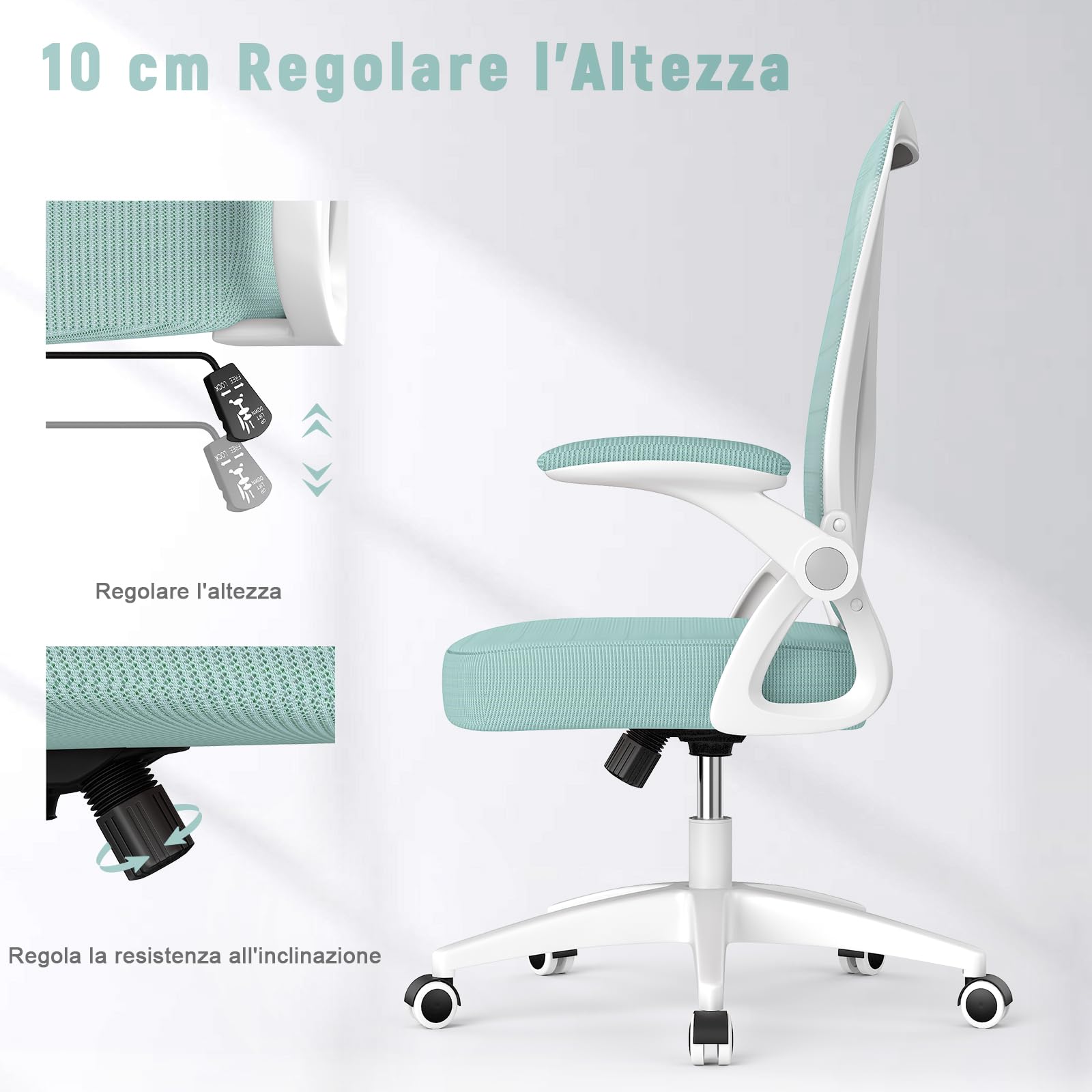 rattantree Sedia da Ufficio con Supporto Lombare, Sedia Ufficio Ergonomica con Braccioli Regolabili in Rete Traspirante, Altezza Regolabile e Schienale Inclinabile con Ruote Girevoli, Verde