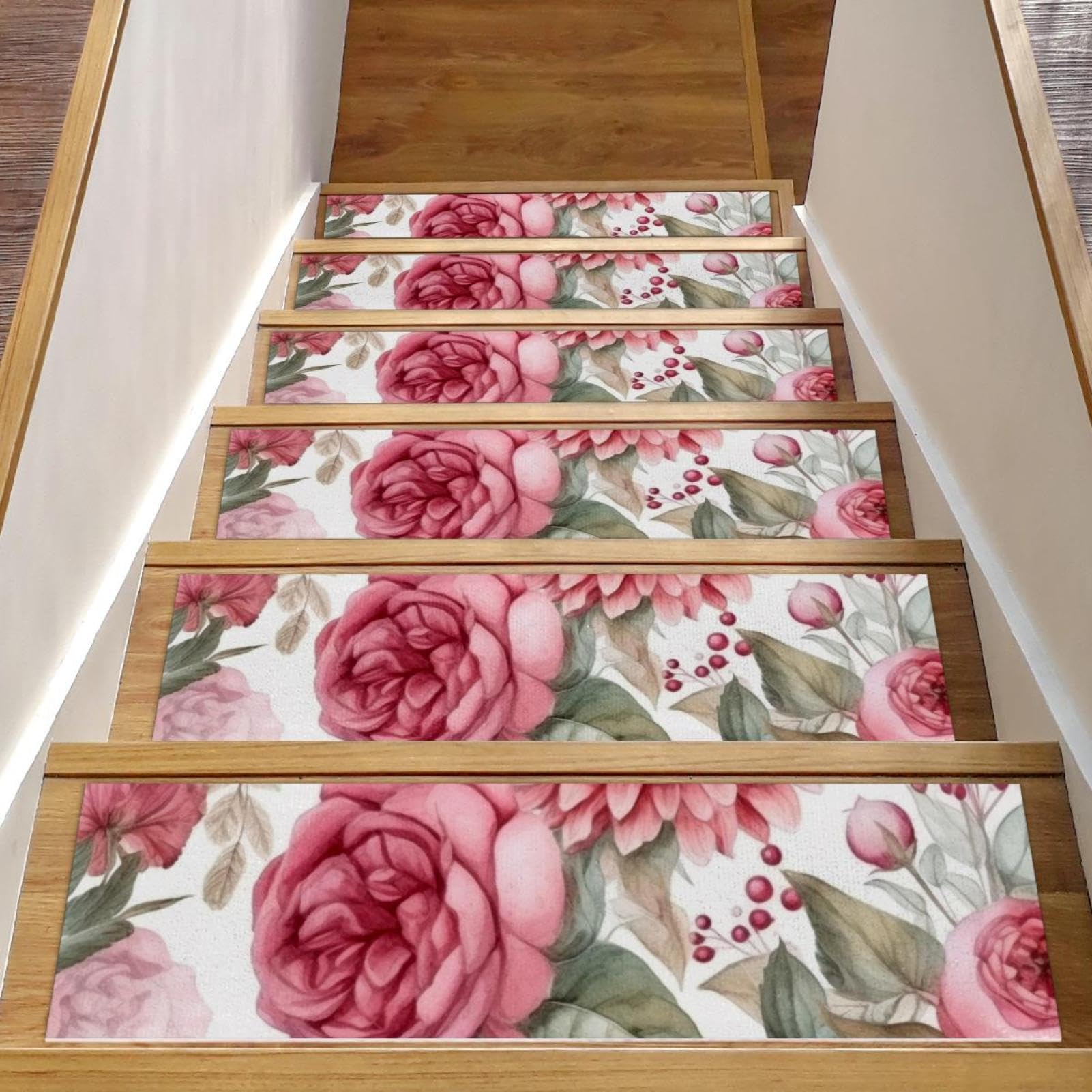 Alfombras de escalera para niños y perros con estampado floral rosa