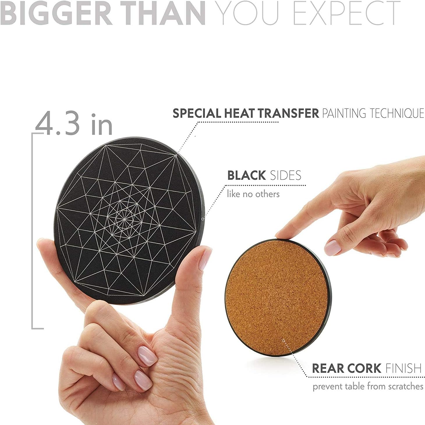 Coasters for Drinks Absorbent - Ceramic Stone Coaster Set of 6 with Holder - Cup Coasters with Anti Scratch Cork Backing - Large Size 4.3" Table Black Modern Cool Coasters - Suit all Types of Glasses