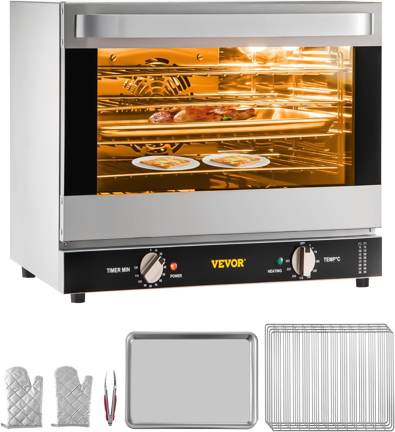 VEVOR Commercial Convection Oven, 66L/60Qt, Half-Size Conventional Oven Countertop, 1800W 4-Tier Toaster w/Front Glass Door, w/Trays Wire Racks Clip Gloves, 120V
