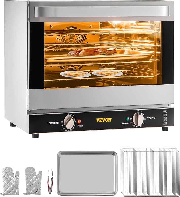 VEVOR Commercial Convection Oven, 66L/60Qt, Half-Size Conventional Oven Countertop, 1800W 4-Tier Toaster w/Front Glass Door, w/Trays Wire Racks Clip Gloves, 120V | 60Qt, 1800W, 4-Tier Toaster,Front Glass Door, Electric Baking Oven with Tray & Wire Racks Included, for Bakery, 120V, 5-15P