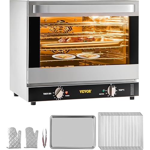 VEVOR Commercial Convection Oven, 66L/60Qt, Half-Size Conventional Oven Countertop, 1800W 4-Tier Toaster w/Front Glass Door, w/Trays Wire Racks Clip Gloves, 120V